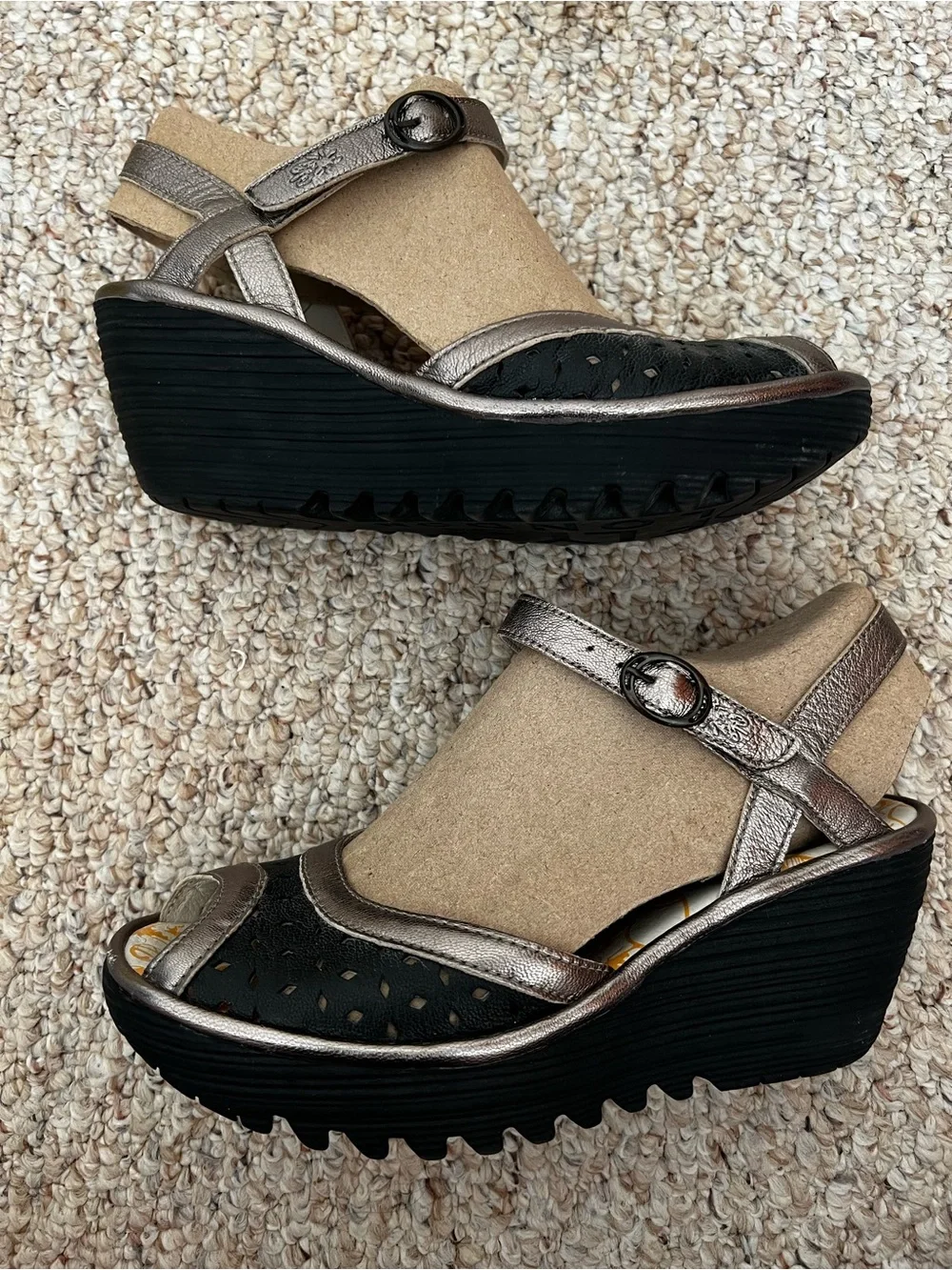 Fly London Black and Metallic Bronze Wedge Sandals 38